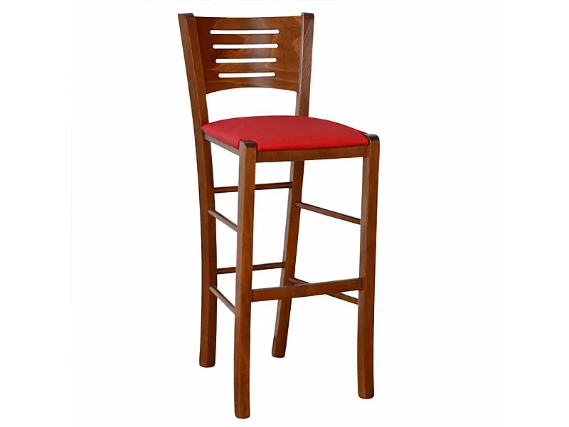 Verona kruk in donker walnoothout, hoogte 73 cm, met rode gewatteerde zitting.