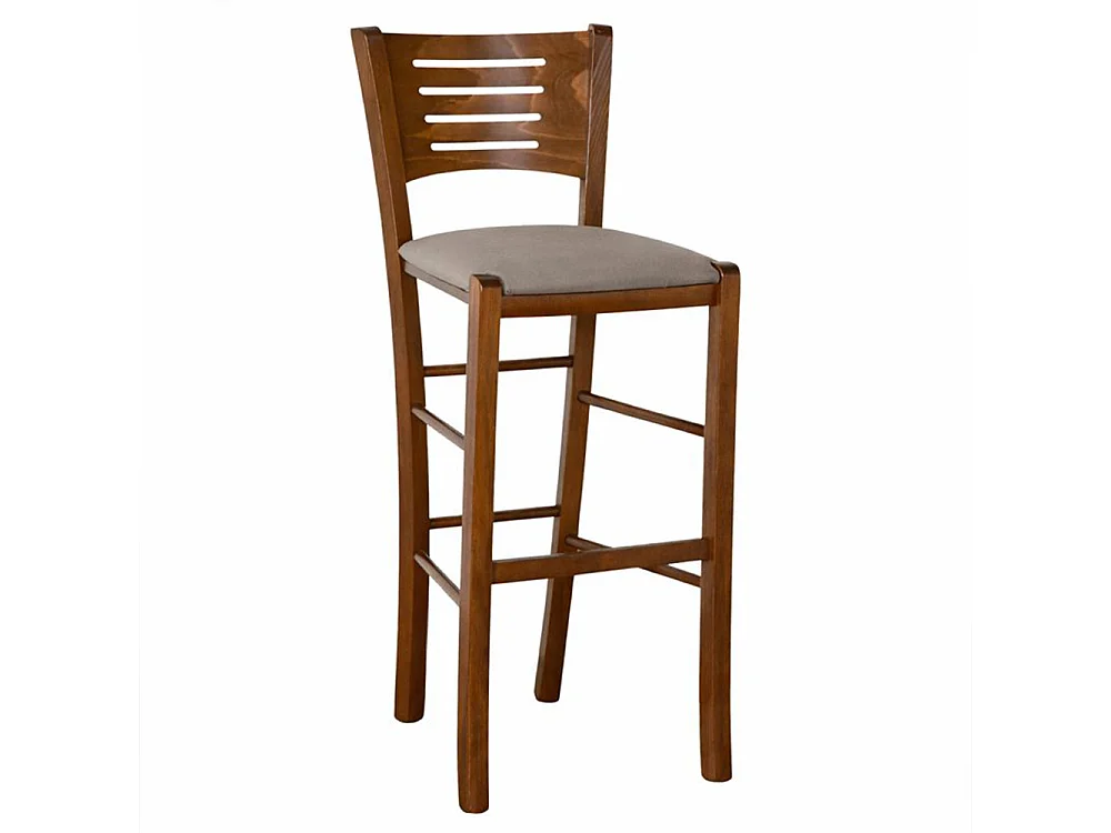 Verona kruk van donker walnoothout, hoogte 73 cm, met gewatteerde duifgrijze zitting.
