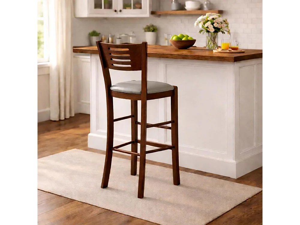 Verona kruk van donker walnoothout, hoogte 73 cm, met gewatteerde duifgrijze zitting.