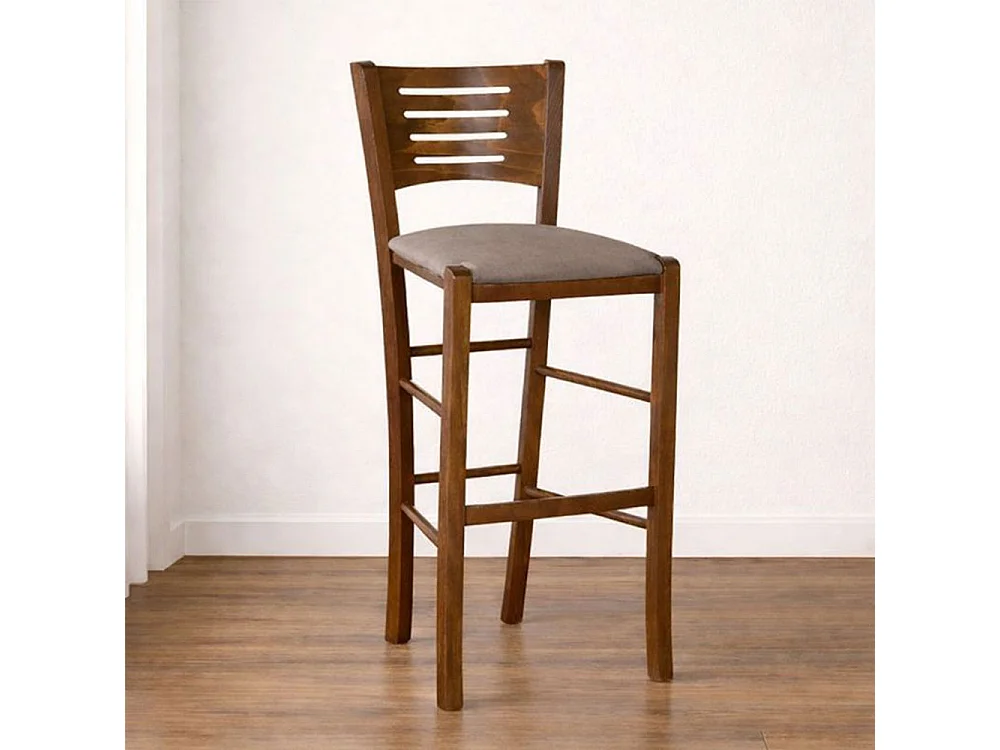 Verona kruk van donker walnoothout, hoogte 73 cm, met gewatteerde duifgrijze zitting.