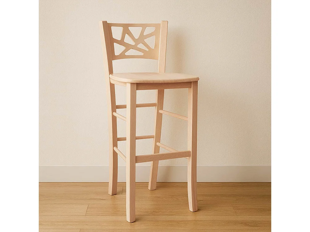 Hoge, elegante barkruk van onbewerkt hout, te schilderen, hoogte 73 cm, met stevige zitting.