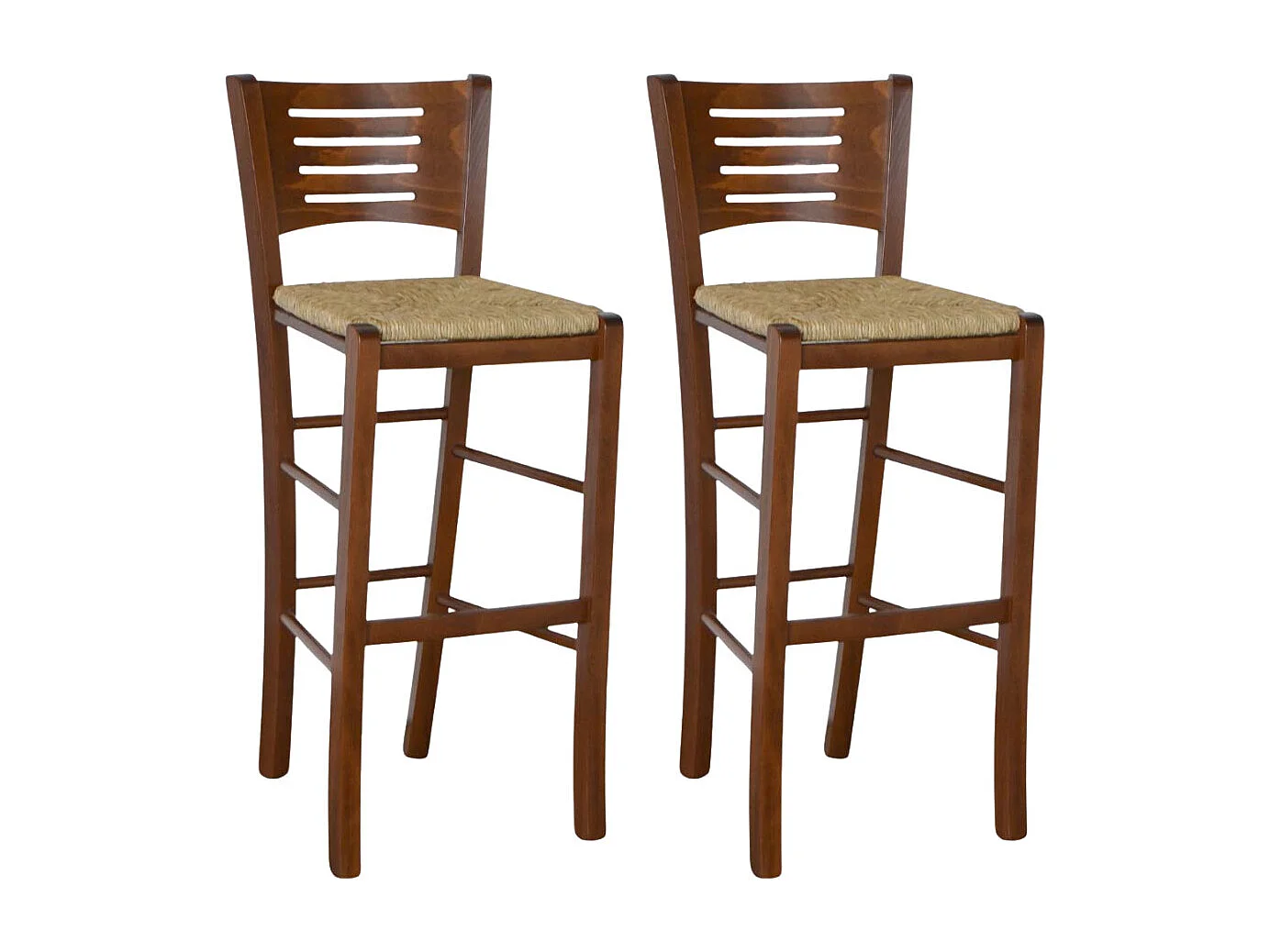 Verona hoge barkrukken van donker walnoothout, hoogte 73 cm, met rieten zitting (2 stuks)