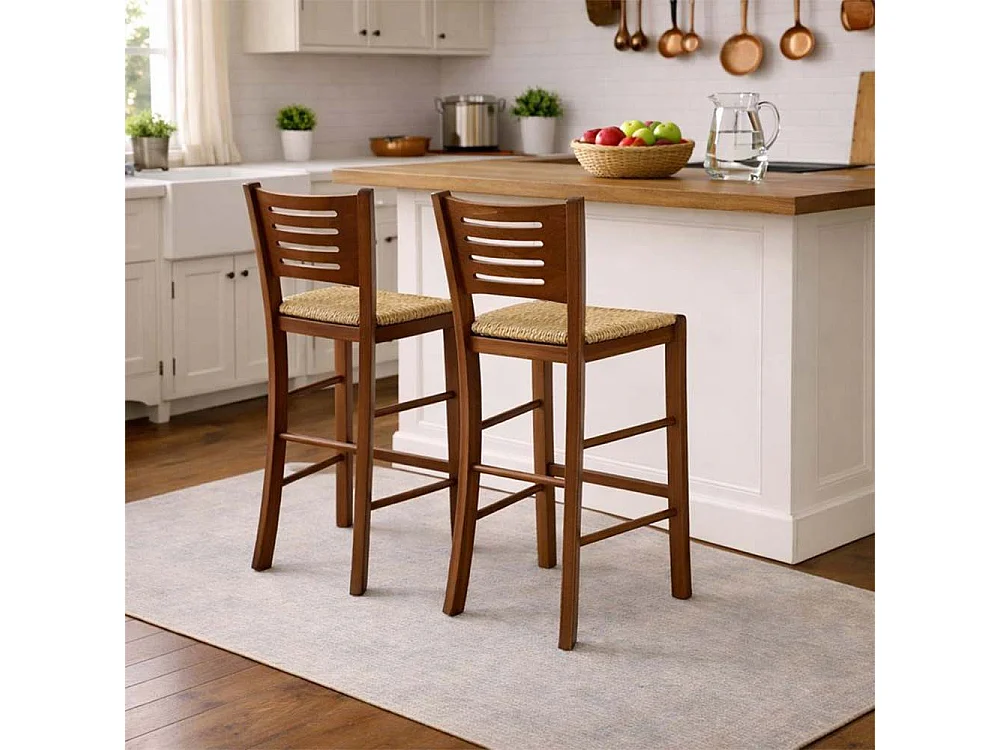 Verona hoge barkrukken van donker walnoothout, hoogte 73 cm, met rieten zitting (2 stuks)