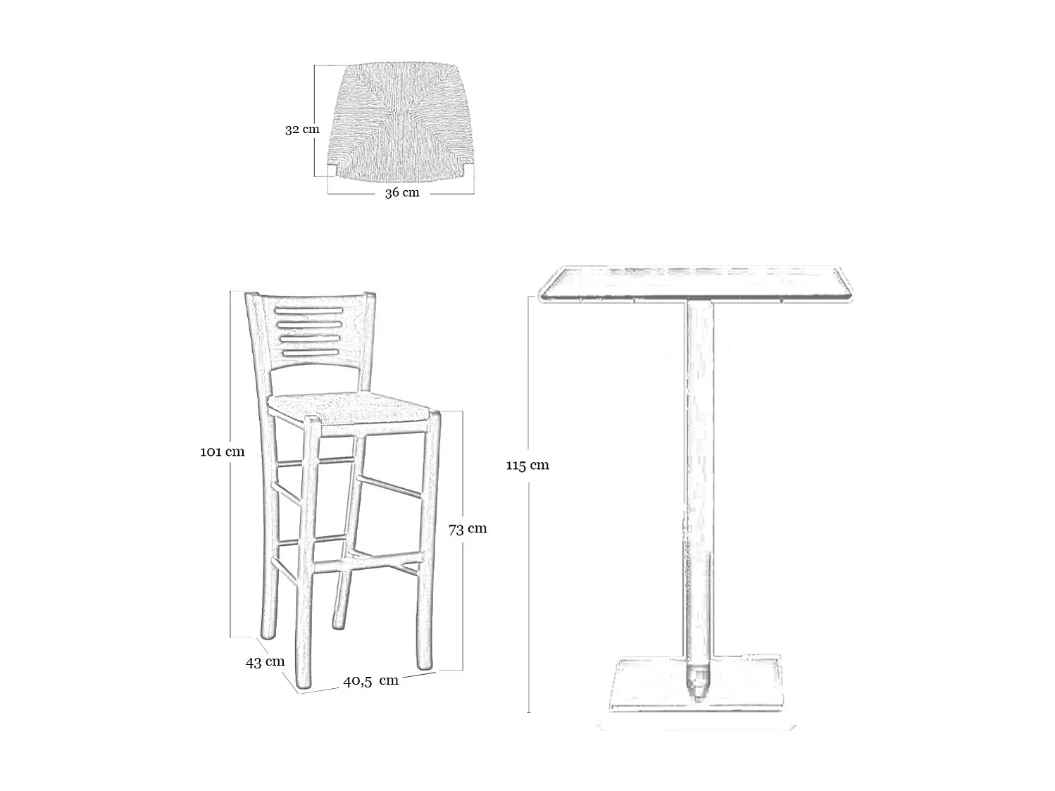 Verona hoge barkrukken van donker walnoothout, hoogte 73 cm, met rieten zitting (2 stuks)