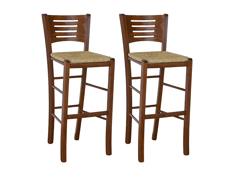 Verona hoge barkrukken van donker walnoothout, hoogte 73 cm, met rieten zitting (2 stuks)