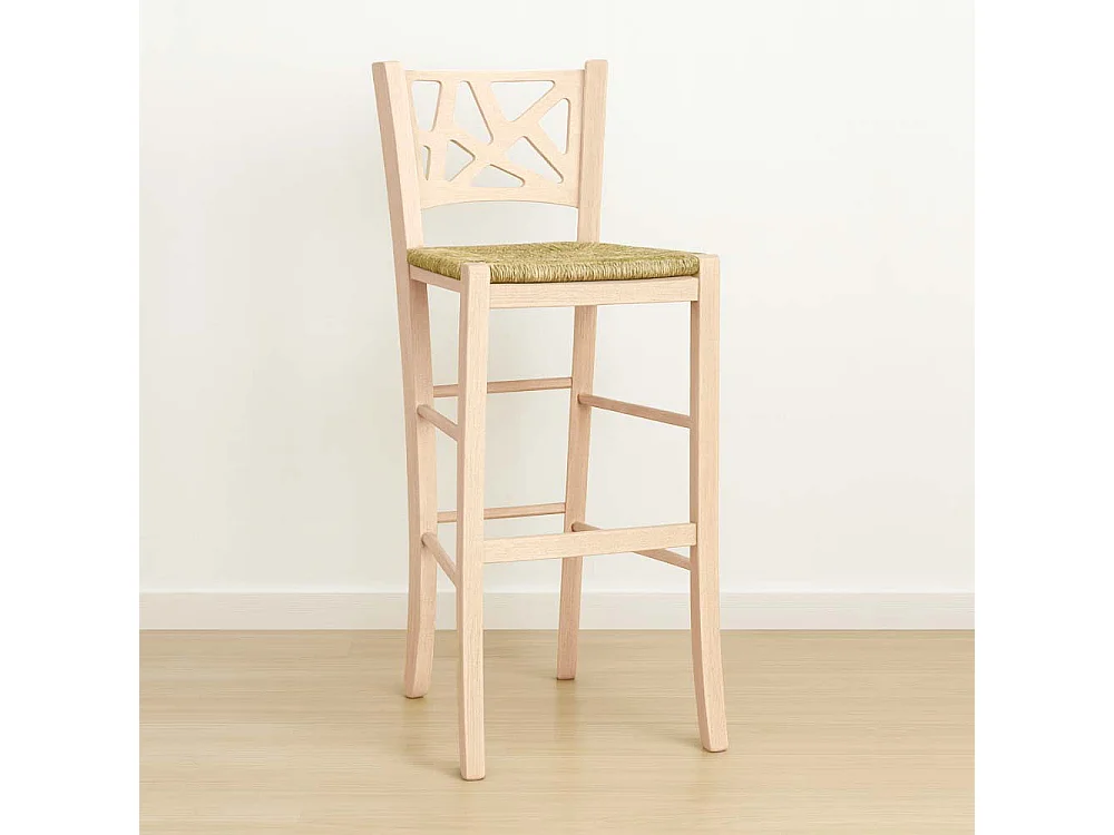 Hoge, elegante barkruk van onbewerkt hout, te schilderen, hoogte 73 cm, met zitting van stro.