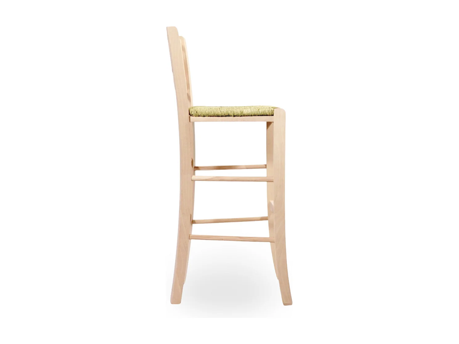 Hoge, elegante barkruk van onbewerkt hout, te schilderen, hoogte 73 cm, met zitting van stro.