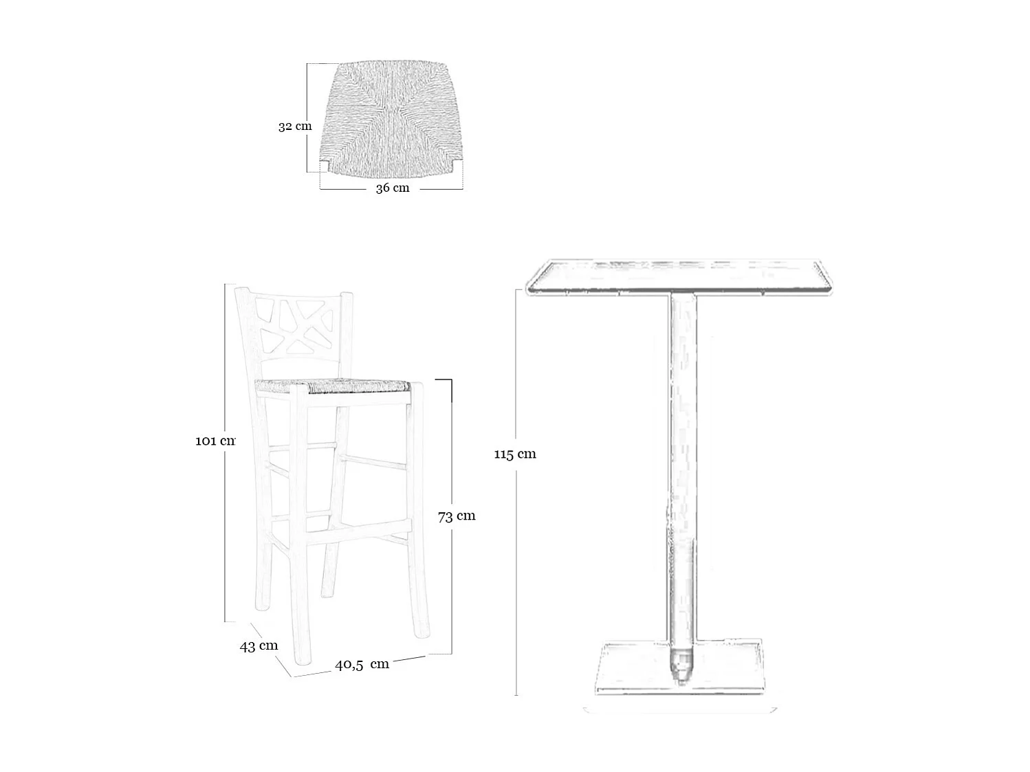 Hoge, elegante barkruk van onbewerkt hout, te schilderen, hoogte 73 cm, met zitting van stro.