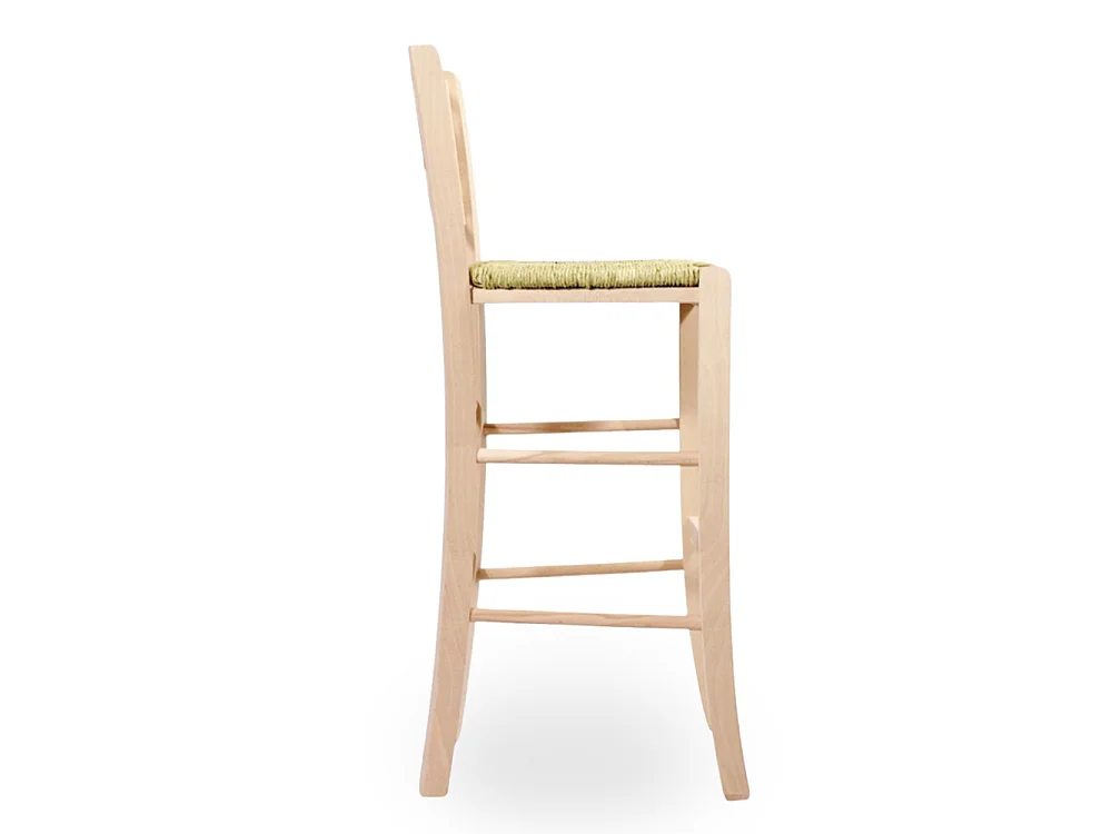 Tabouret de bar haut en bois brut à peindre, hauteur 73 cm, assise en paille