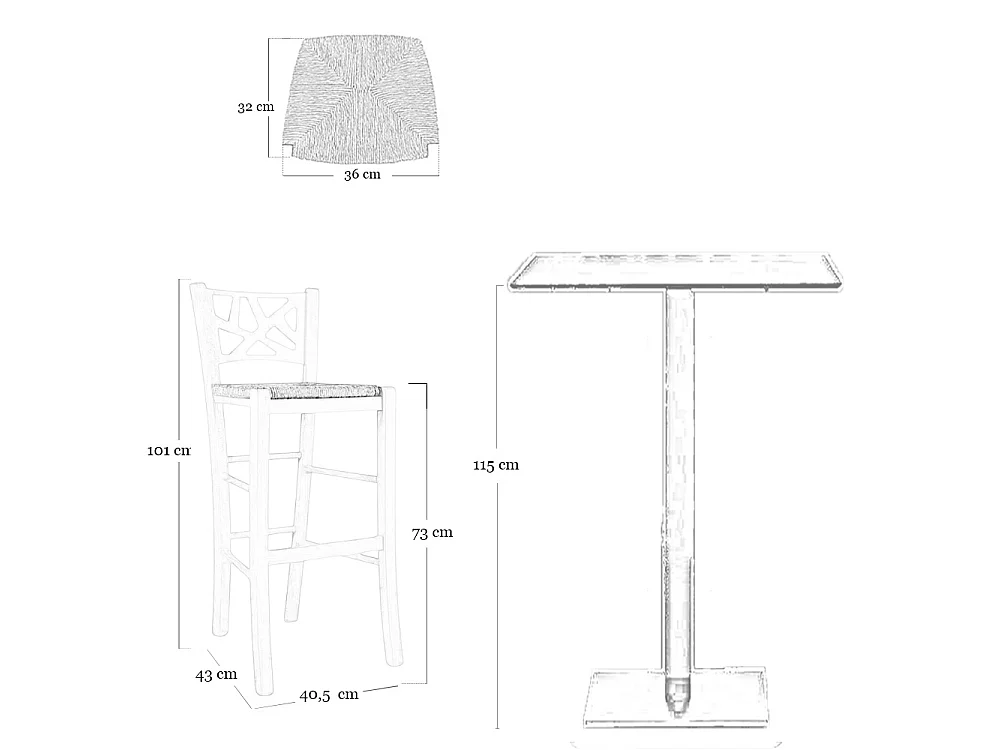 Tabouret de bar haut en bois brut à peindre, hauteur 73 cm, assise en paille