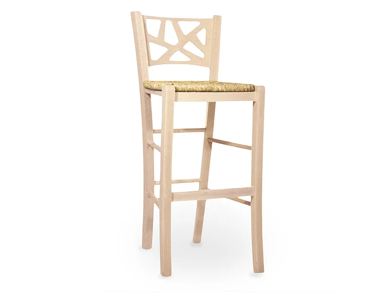 Hoge, elegante barkruk van onbewerkt hout, te schilderen, hoogte 73 cm, met zitting van stro.