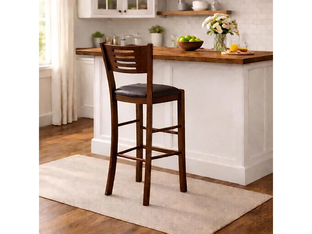 Verona kruk van donker walnoothout, hoogte 73 cm, met bruine gewatteerde zitting.