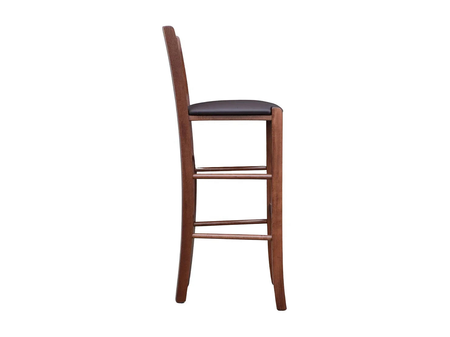 Verona kruk van donker walnoothout, hoogte 73 cm, met bruine gewatteerde zitting.