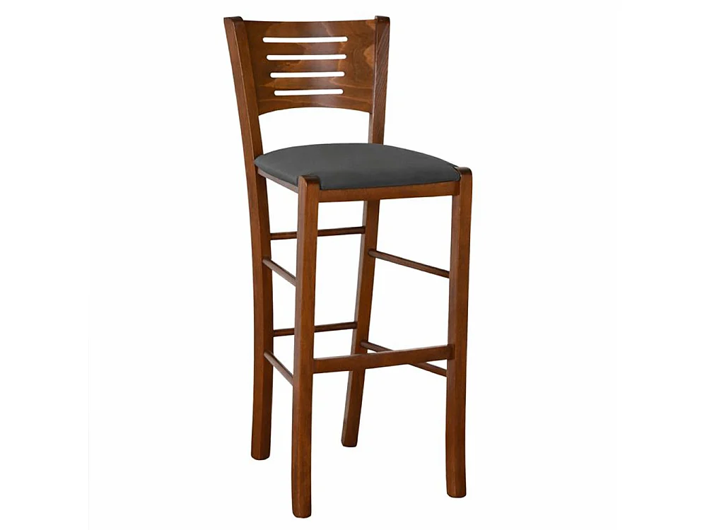 Verona kruk van donker walnoothout, hoogte 73 cm, met antracietkleurige gewatteerde zitting.