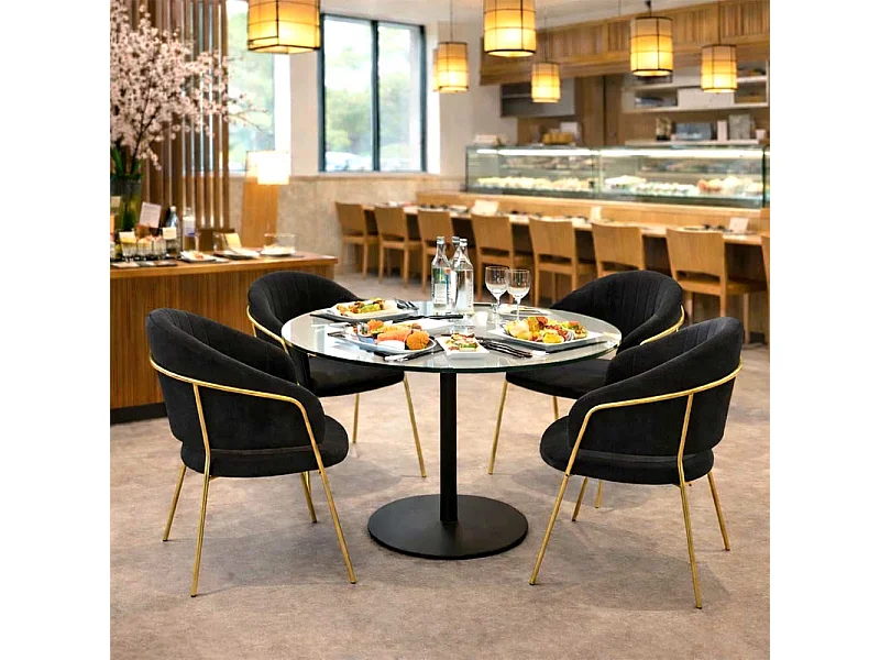 Aurelia eetkamerstoelen, set van 4, met zwarte fluwelen rugleuning.