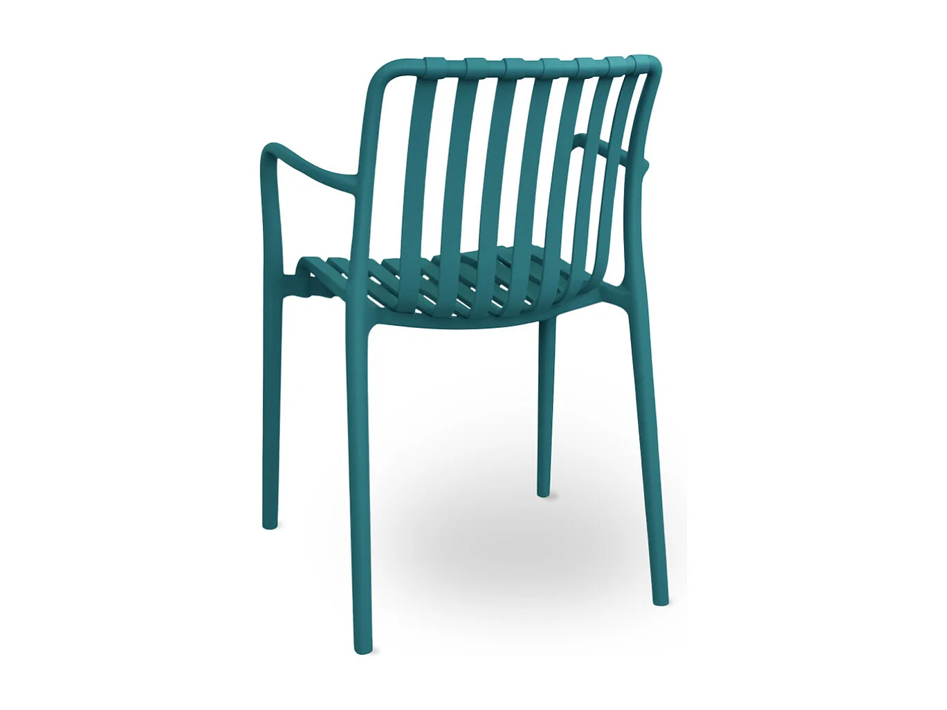 Binnenstoel voor buiten, uitgevoerd in petrolgroen kunststof met premium comfort en armleuningen.