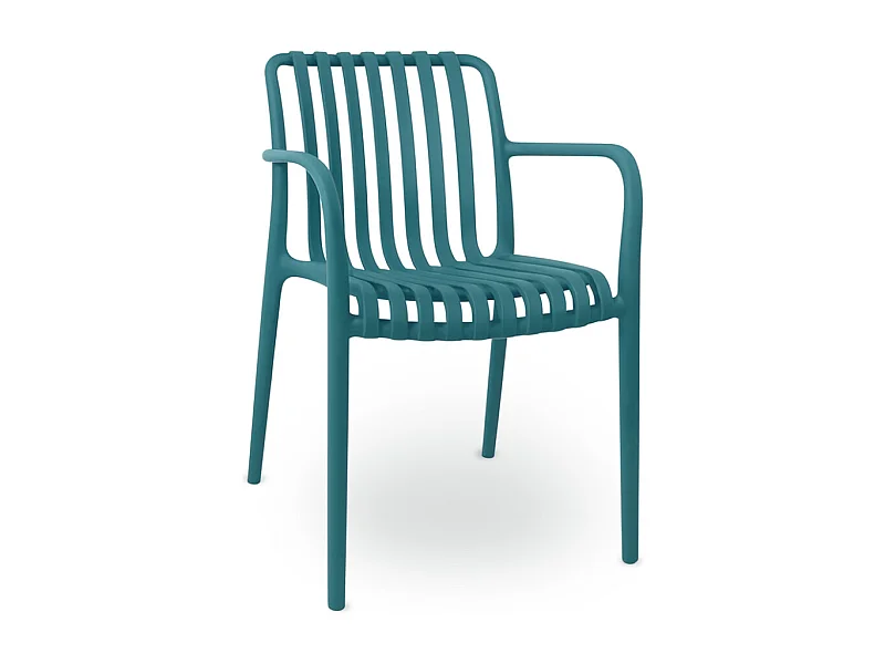 Chaise d'extérieur Iside en plastique vert pétrole, offrant un confort optimal et des accoudoirs.