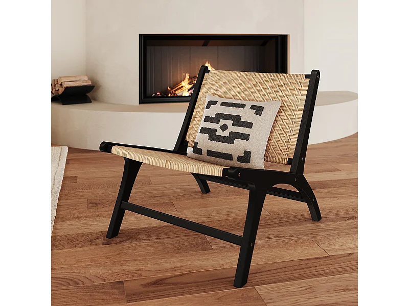 Fauteuil en bois de teck noir et tressage chevron en rotin - Kilka