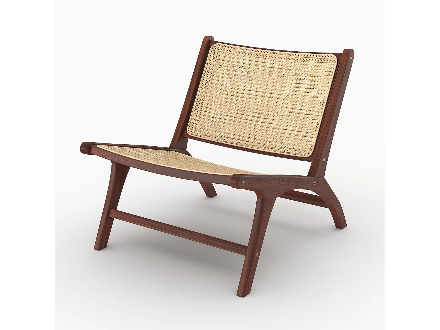 Sillón de madera de teca con acabado de nogal y trenzado de ratán. - Kilka