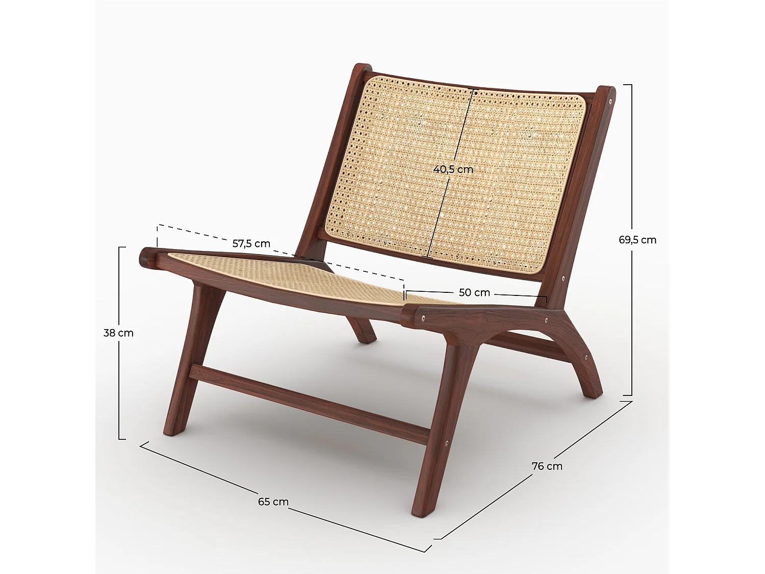 Sillón de madera de teca con acabado de nogal y trenzado de ratán. - Kilka