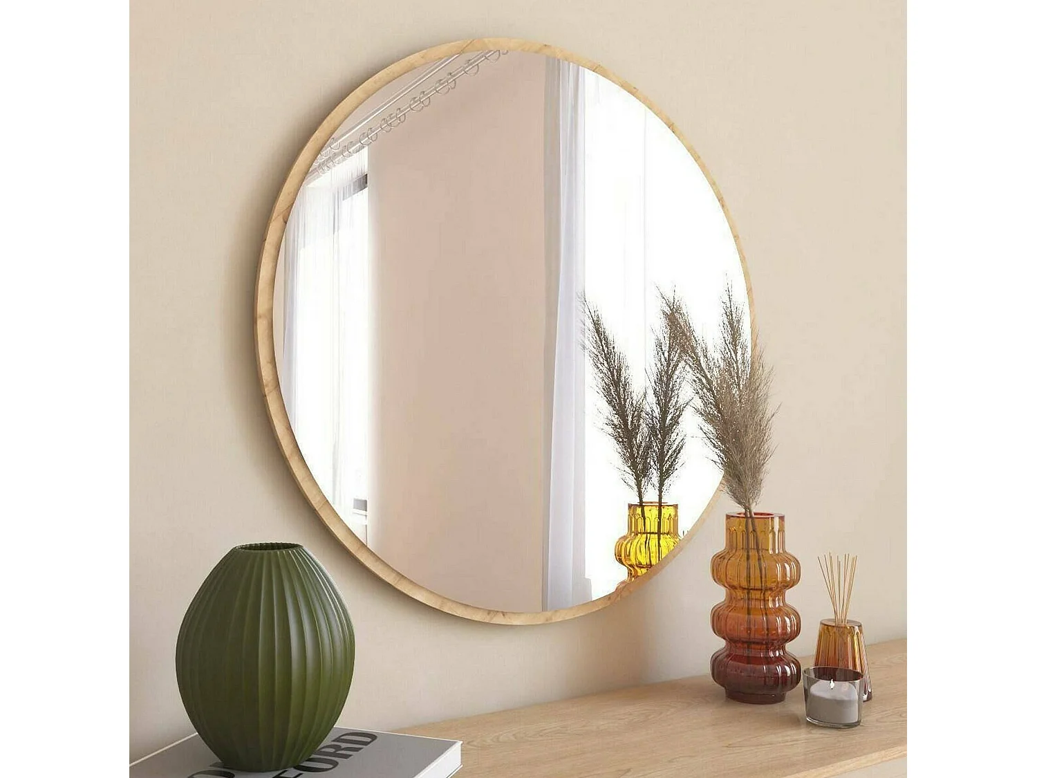 Miroir Euterpe, Verre miroité, Objet d'ameublement mural, Décoration avec miroir, 60x2h60 cm, Chêne