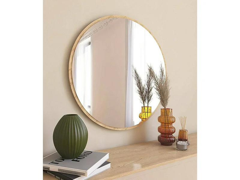 Miroir Euterpe, Verre miroité, Objet d'ameublement mural, Décoration avec miroir, 60x2h60 cm, Chêne
