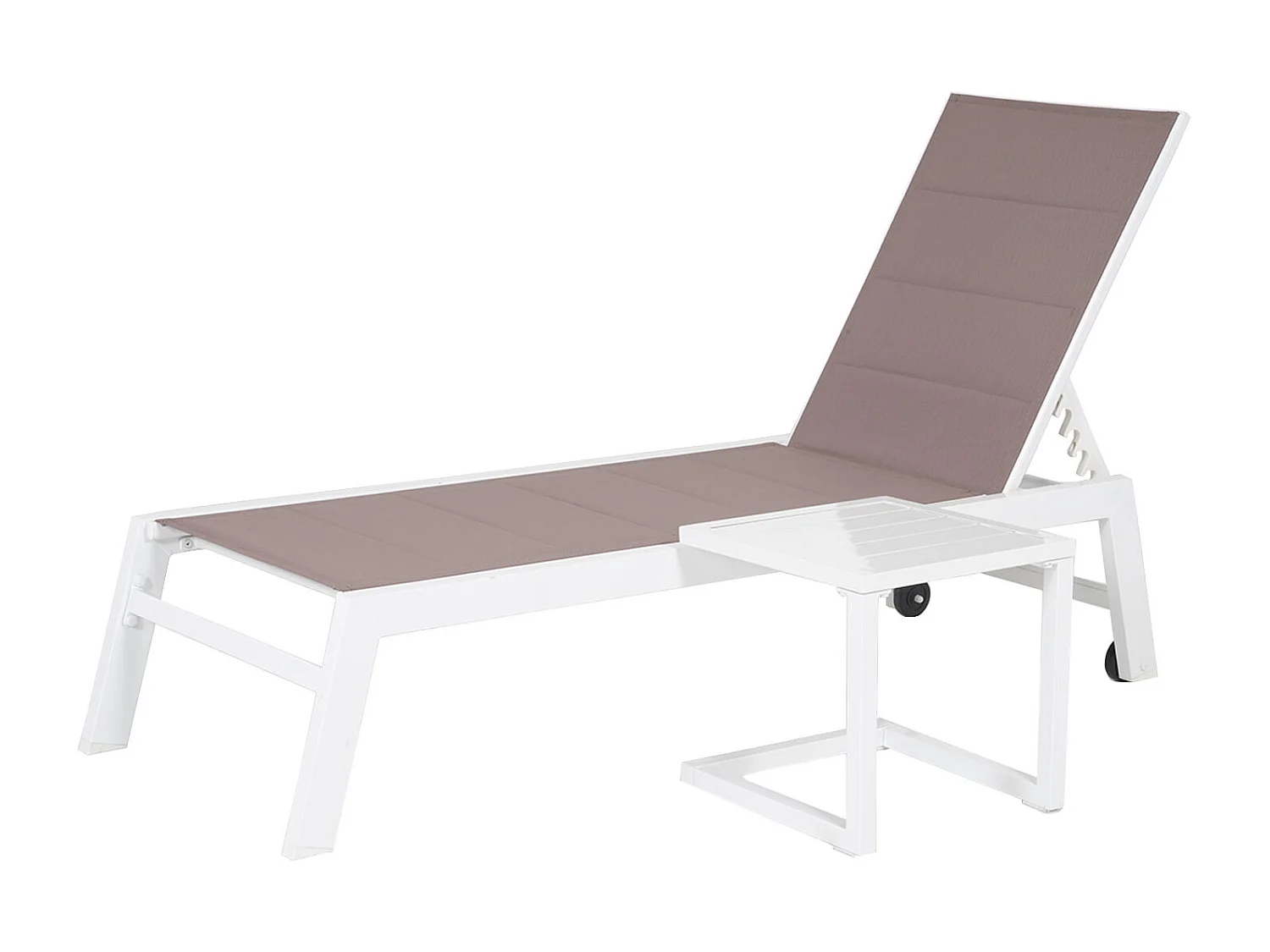 Set bain de soleil et table d'appoint BARBADOS en textilène taupe - aluminium blanc