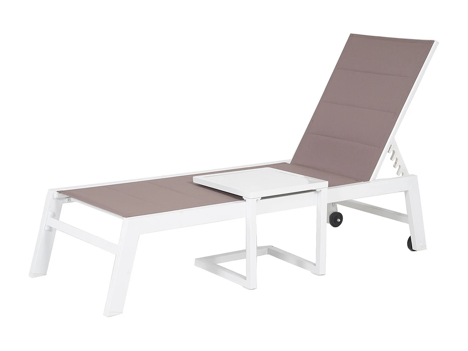 Set bain de soleil et table d'appoint BARBADOS en textilène taupe - aluminium blanc