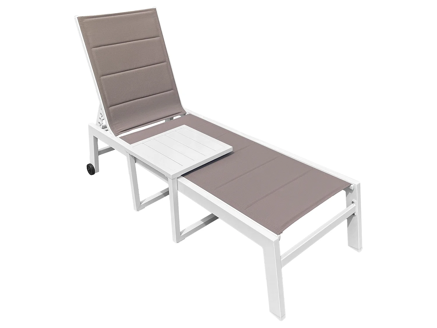 Set bain de soleil et table d'appoint BARBADOS en textilène taupe - aluminium blanc