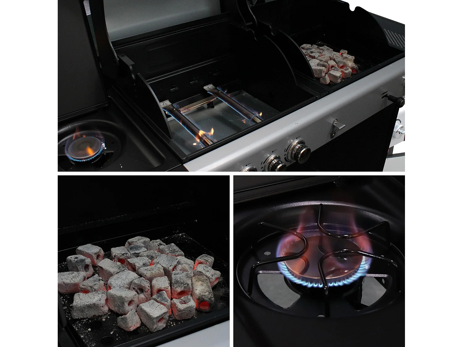 Barbacoa de gas 2 en 1, 3 quemadores + 1 fuego lateral negro