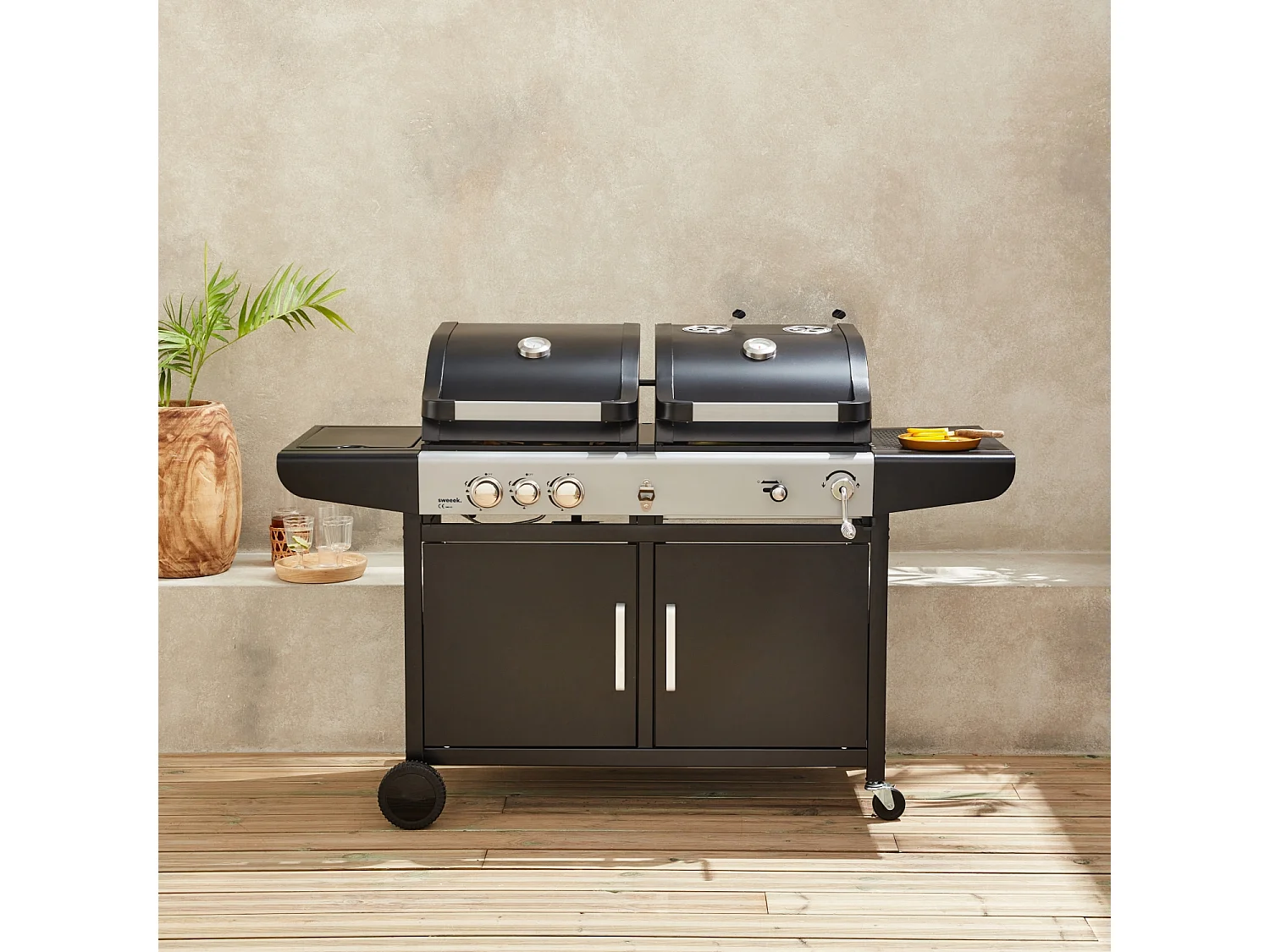 Barbacoa de gas 2 en 1, 3 quemadores + 1 fuego lateral negro