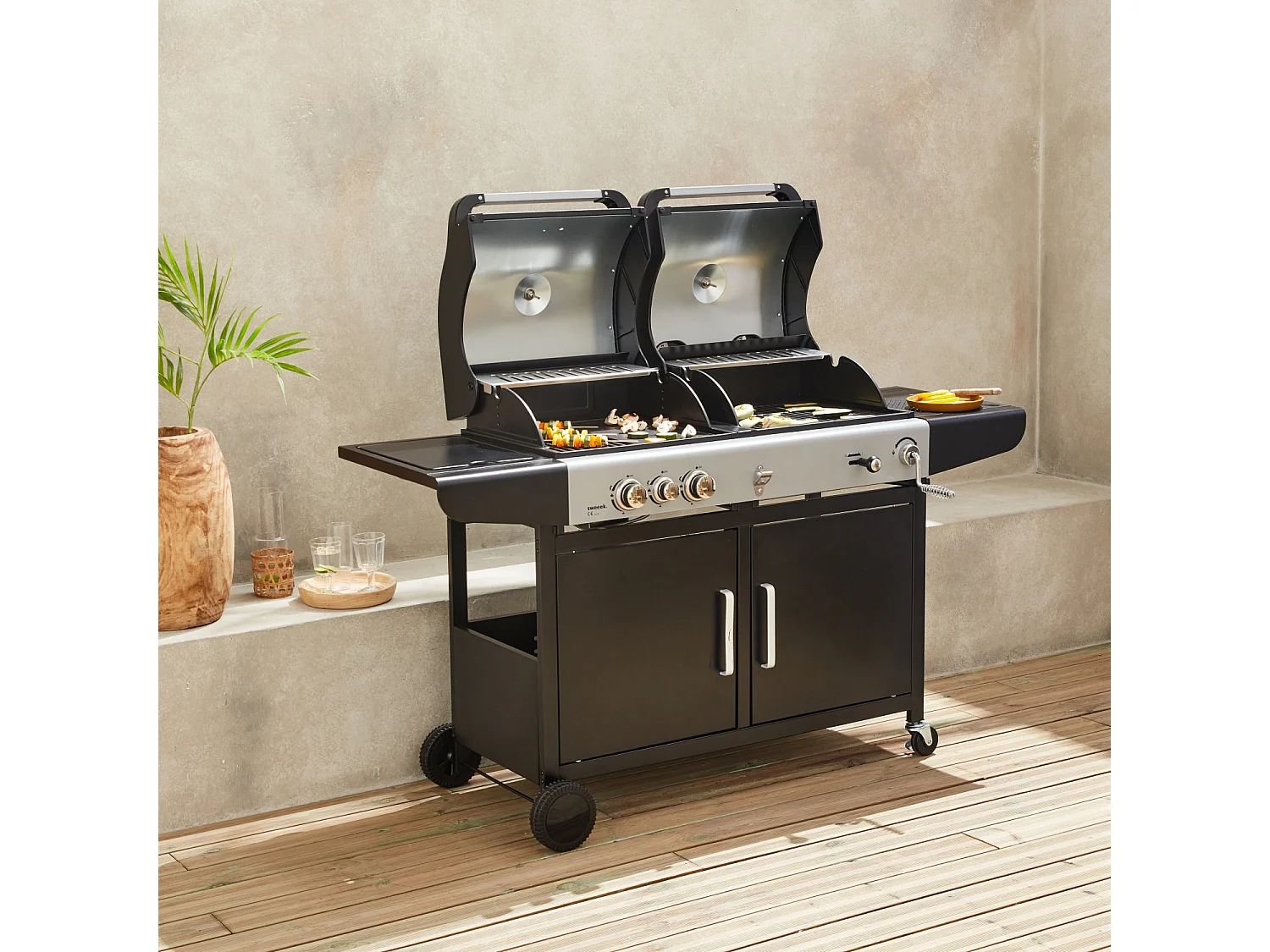 Barbacoa de gas 2 en 1, 3 quemadores + 1 fuego lateral negro