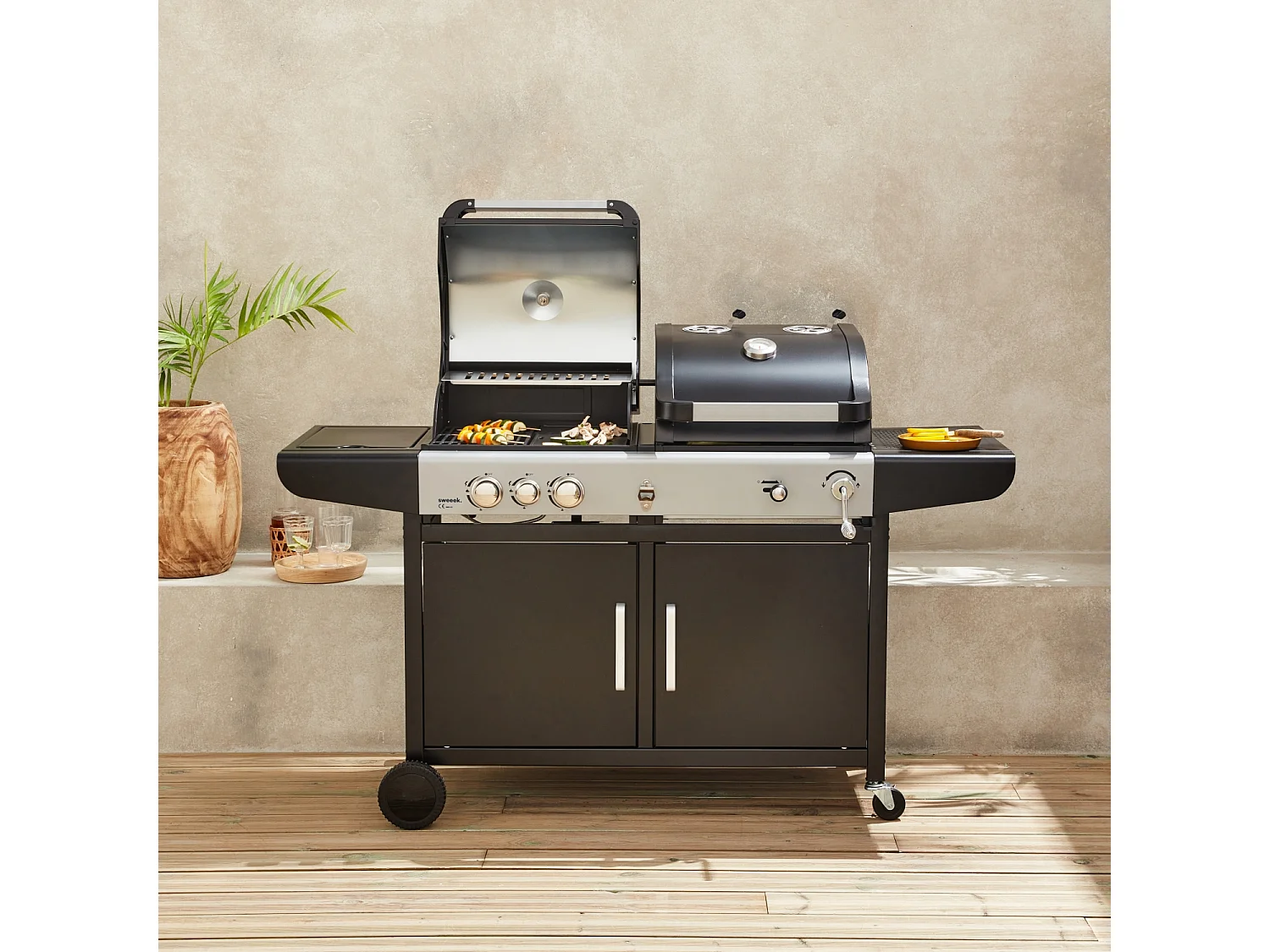 Barbacoa de gas 2 en 1, 3 quemadores + 1 fuego lateral negro