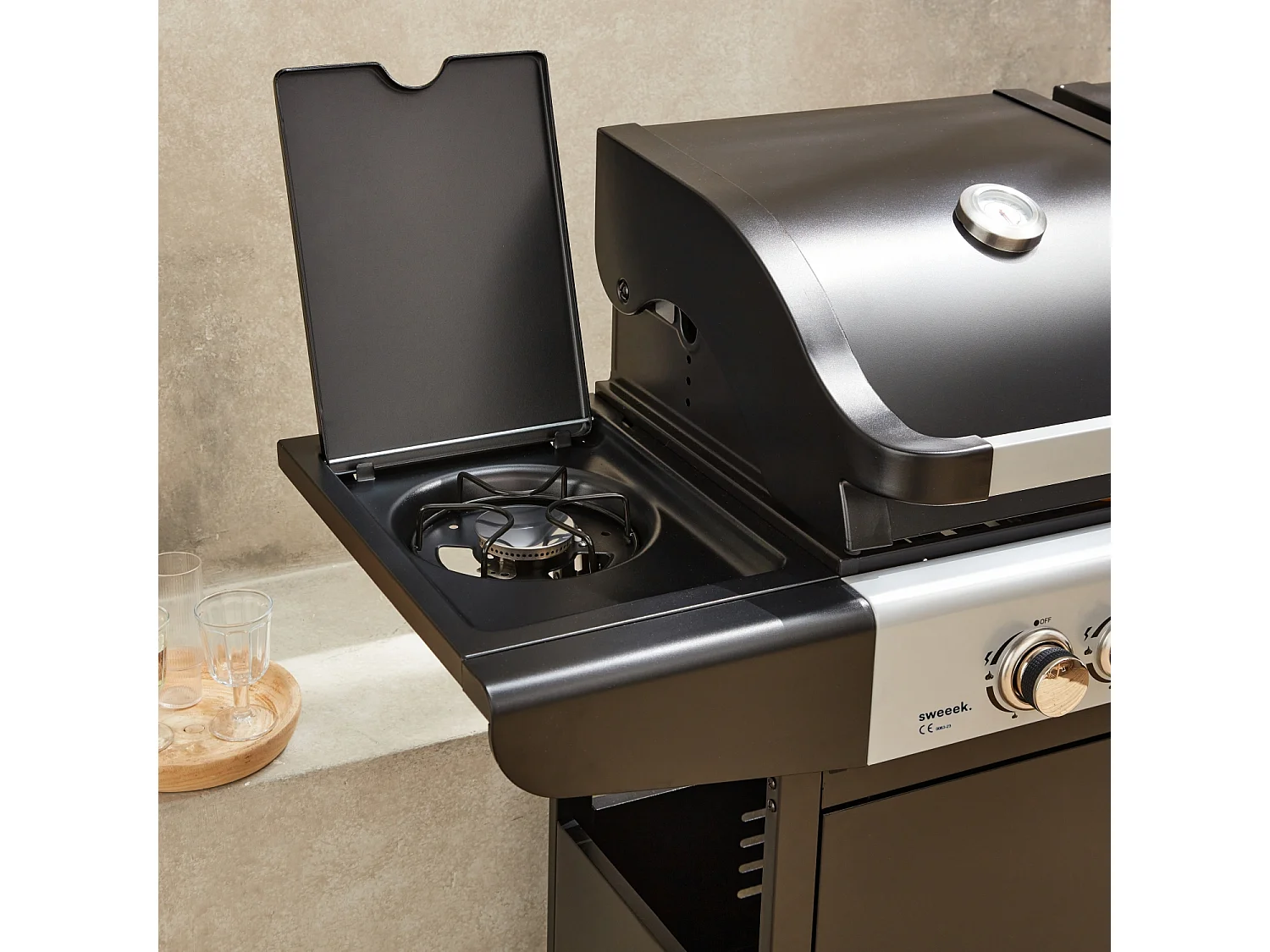 Barbacoa de gas 2 en 1, 3 quemadores + 1 fuego lateral negro