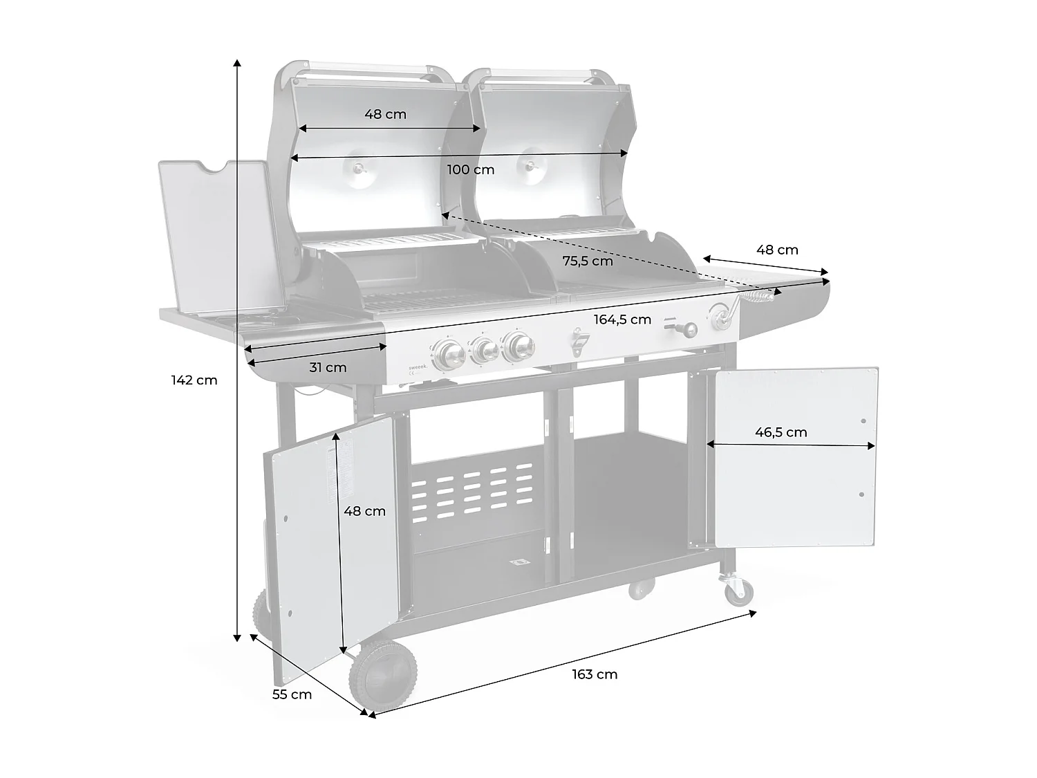Barbacoa de gas 2 en 1, 3 quemadores + 1 fuego lateral negro