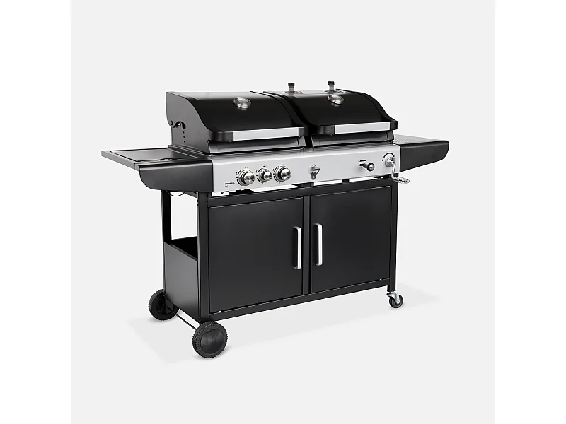 Barbacoa de gas 2 en 1, 3 quemadores + 1 fuego lateral negro