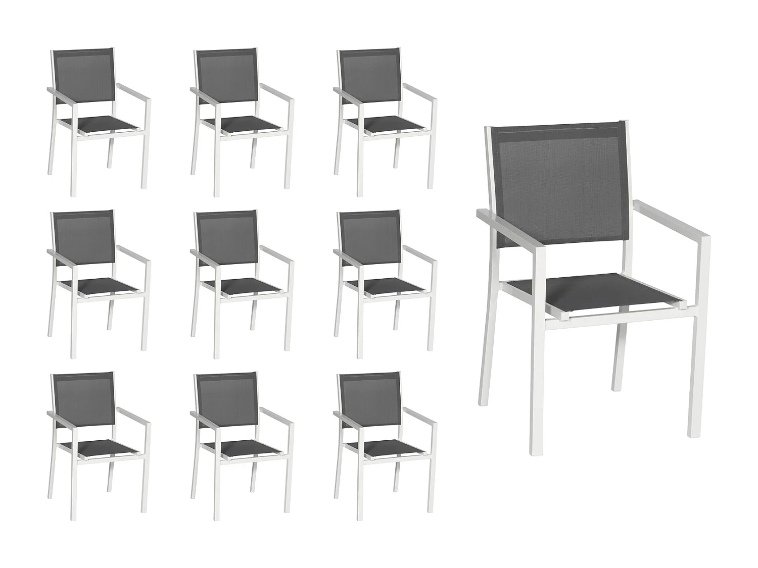 Set van 10 witte aluminium stoelen - grijs textilene