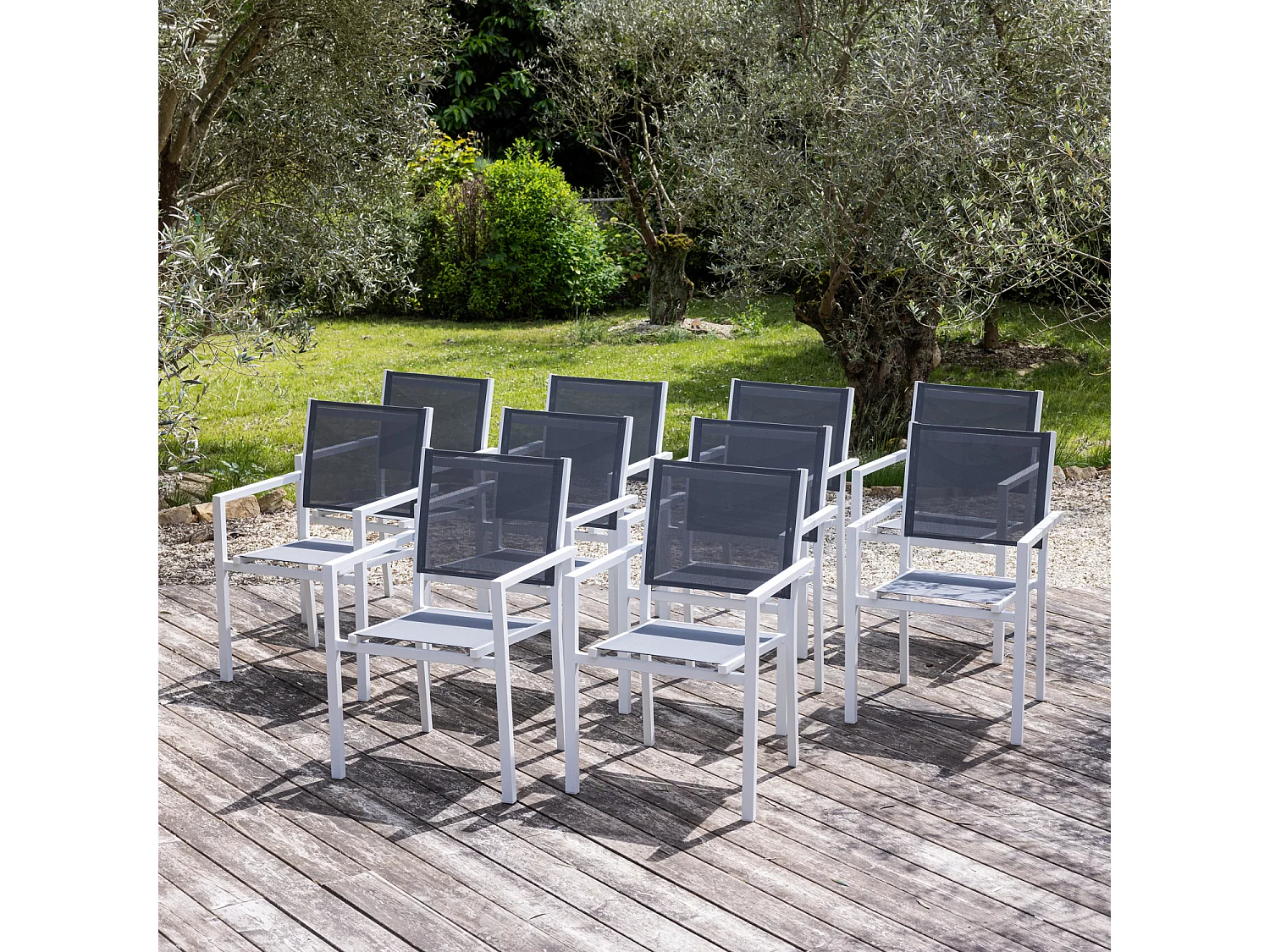 Set van 10 witte aluminium stoelen - grijs textilene