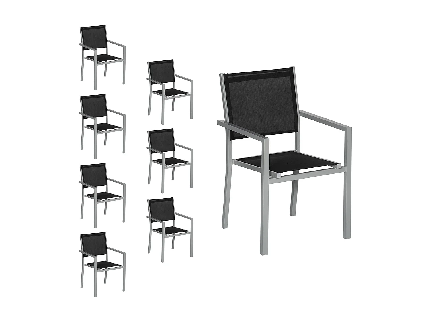 Lot de 8 chaises en aluminium gris - textilène noir