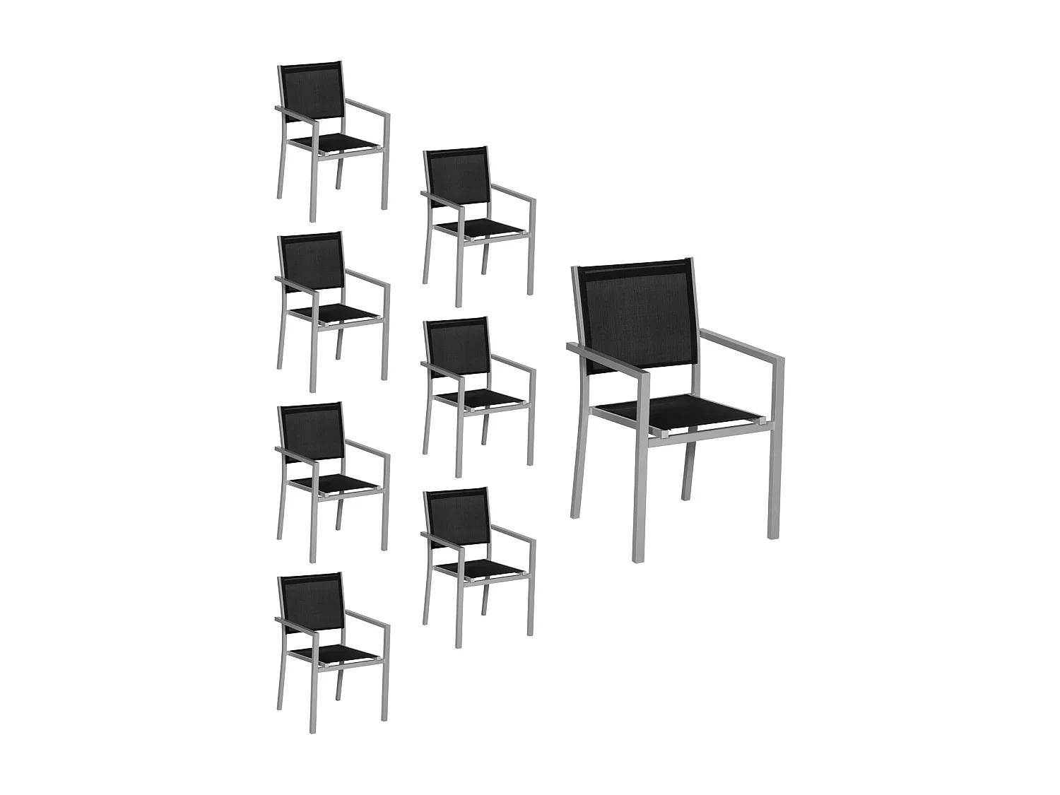 Lot de 8 chaises en aluminium gris - textilène noir