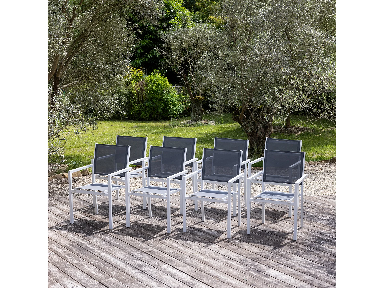 Lot de 8 chaises en aluminium blanc - textilène gris