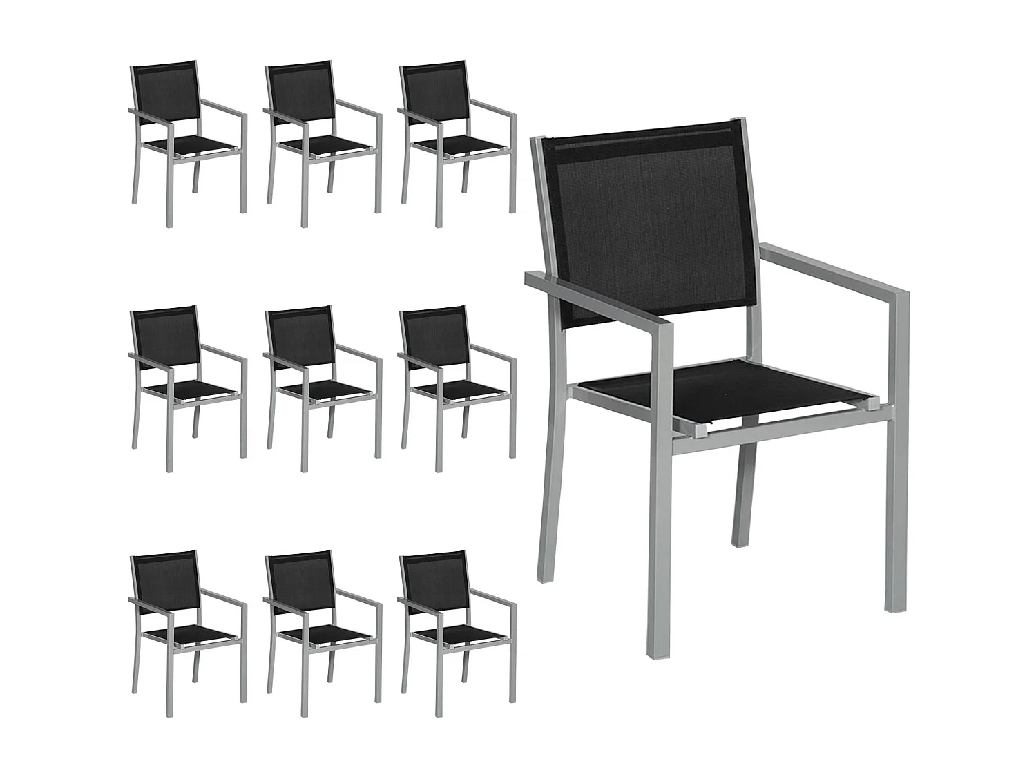 Set di 10 sedie in alluminio grigio - textilene nero - HAPPY GARDEN