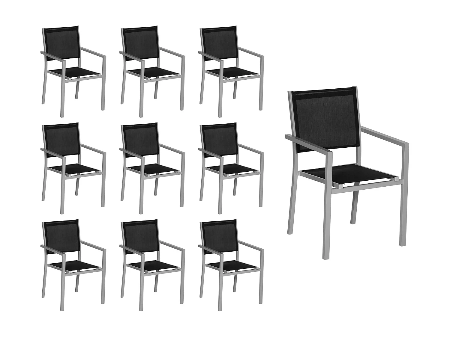 Lot de 10 chaises en aluminium gris - textilène noir