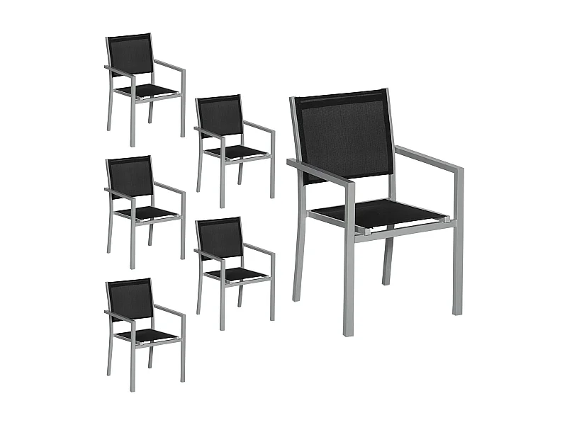 Lot de 6 chaises en aluminium gris - textilène noir