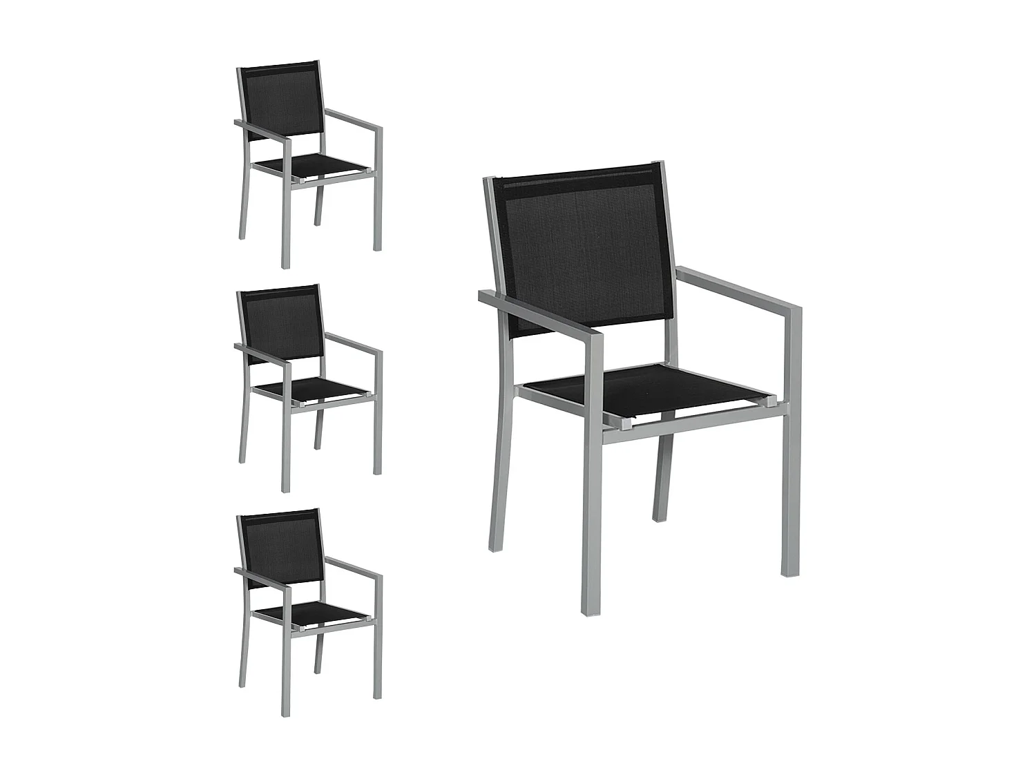 Set van 4 grijze aluminium stoelen - zwart textilene