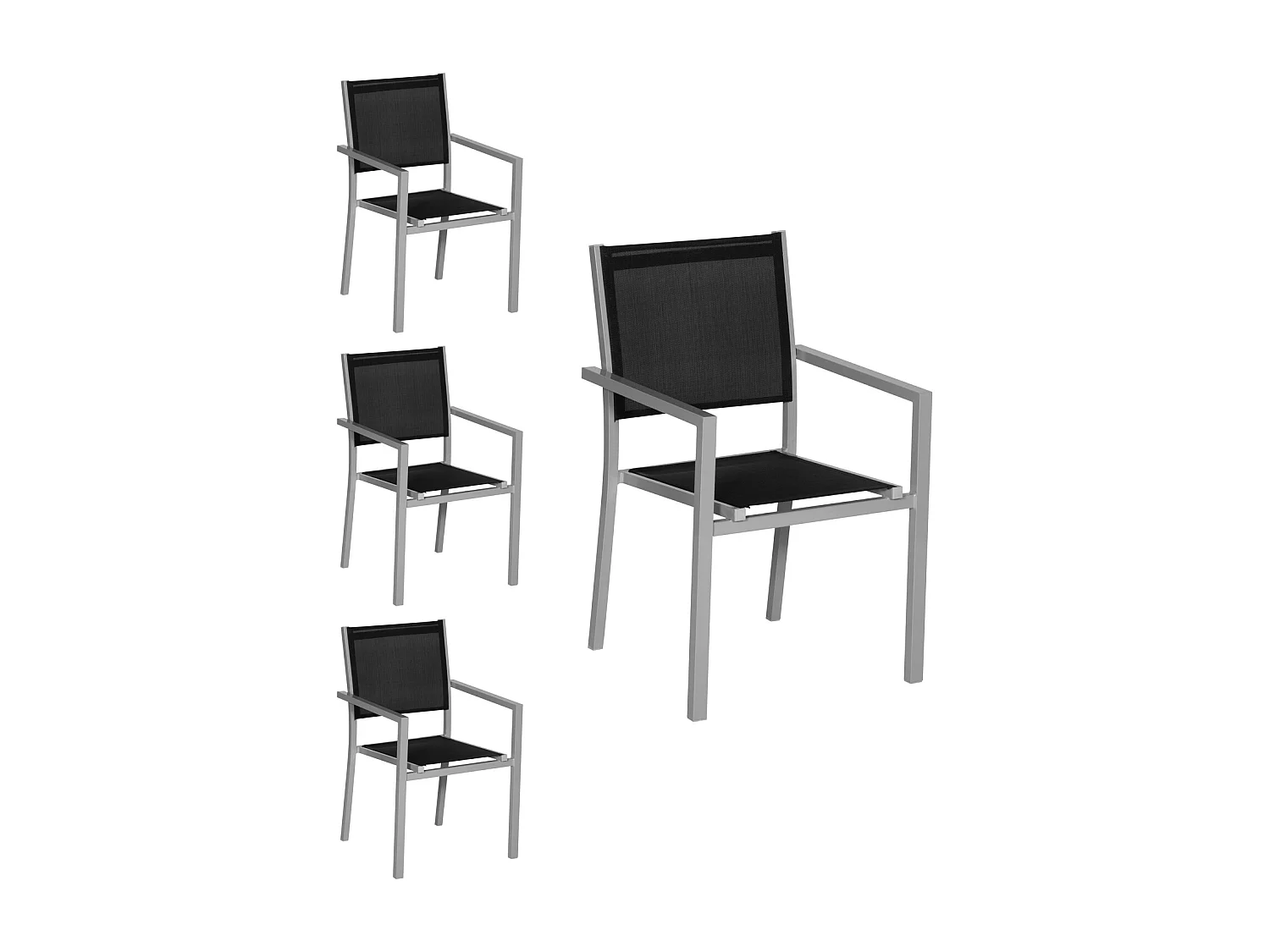 Lot de 4 chaises en aluminium gris - textilène noir