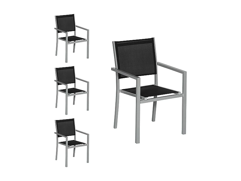 Lot de 4 chaises en aluminium gris - textilène noir
