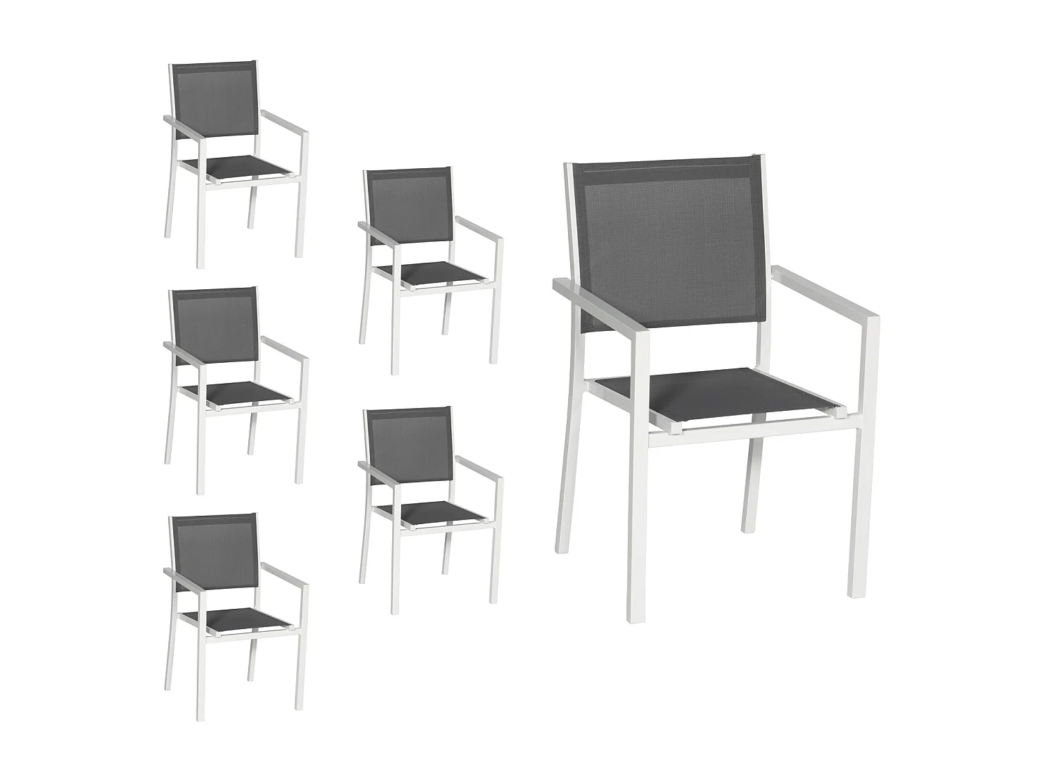 Lot de 6 chaises en aluminium blanc - textilène gris