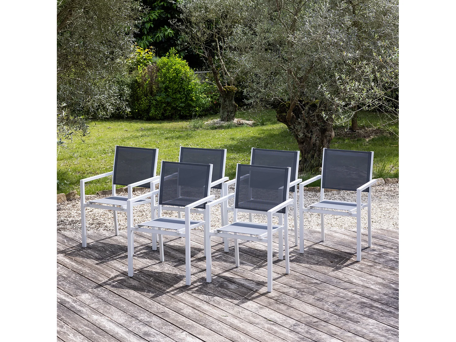 Lot de 6 chaises en aluminium blanc - textilène gris