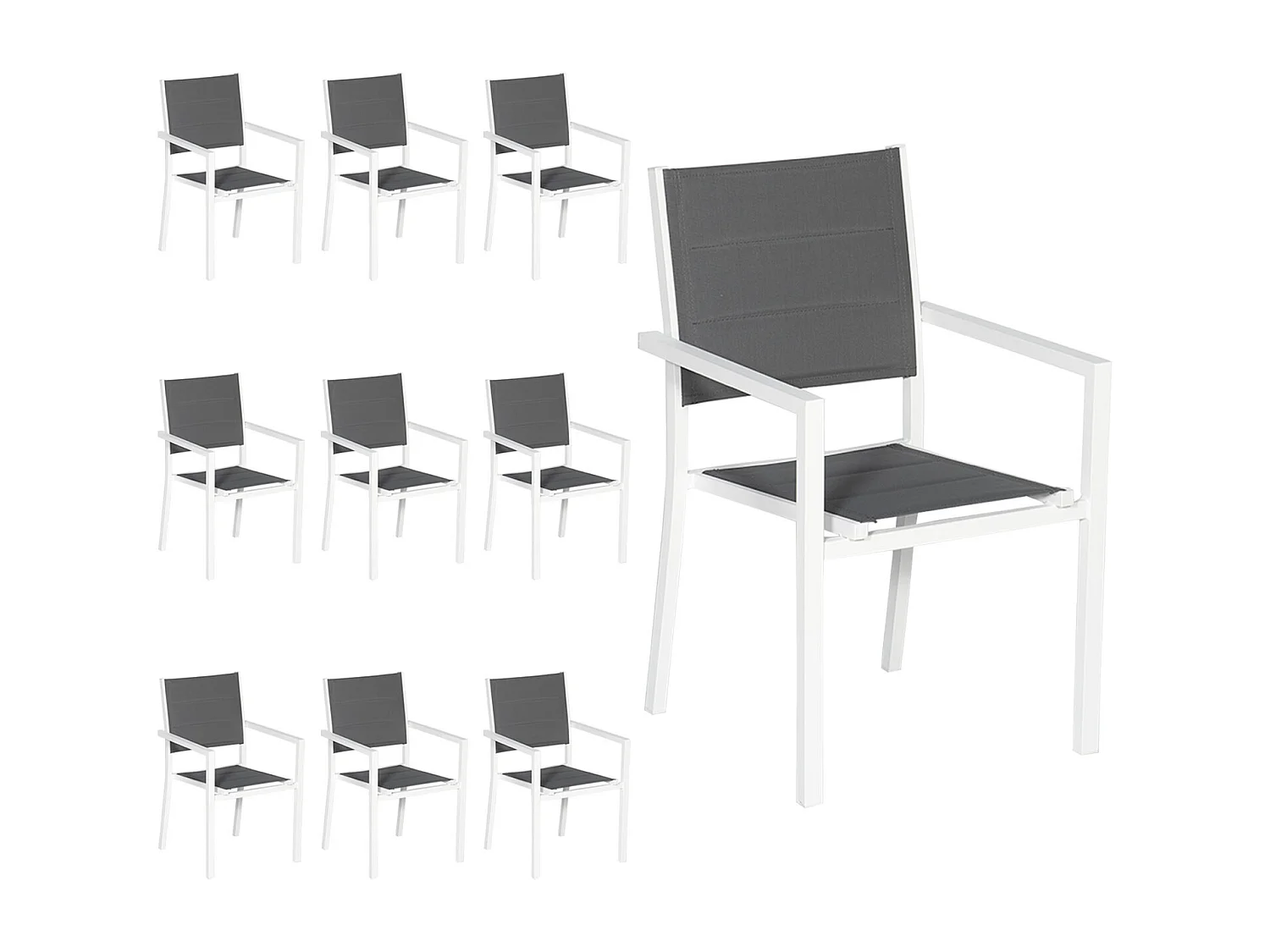 10er Set gepolsterten Stühlen aus weißem Aluminium - graues Textilene